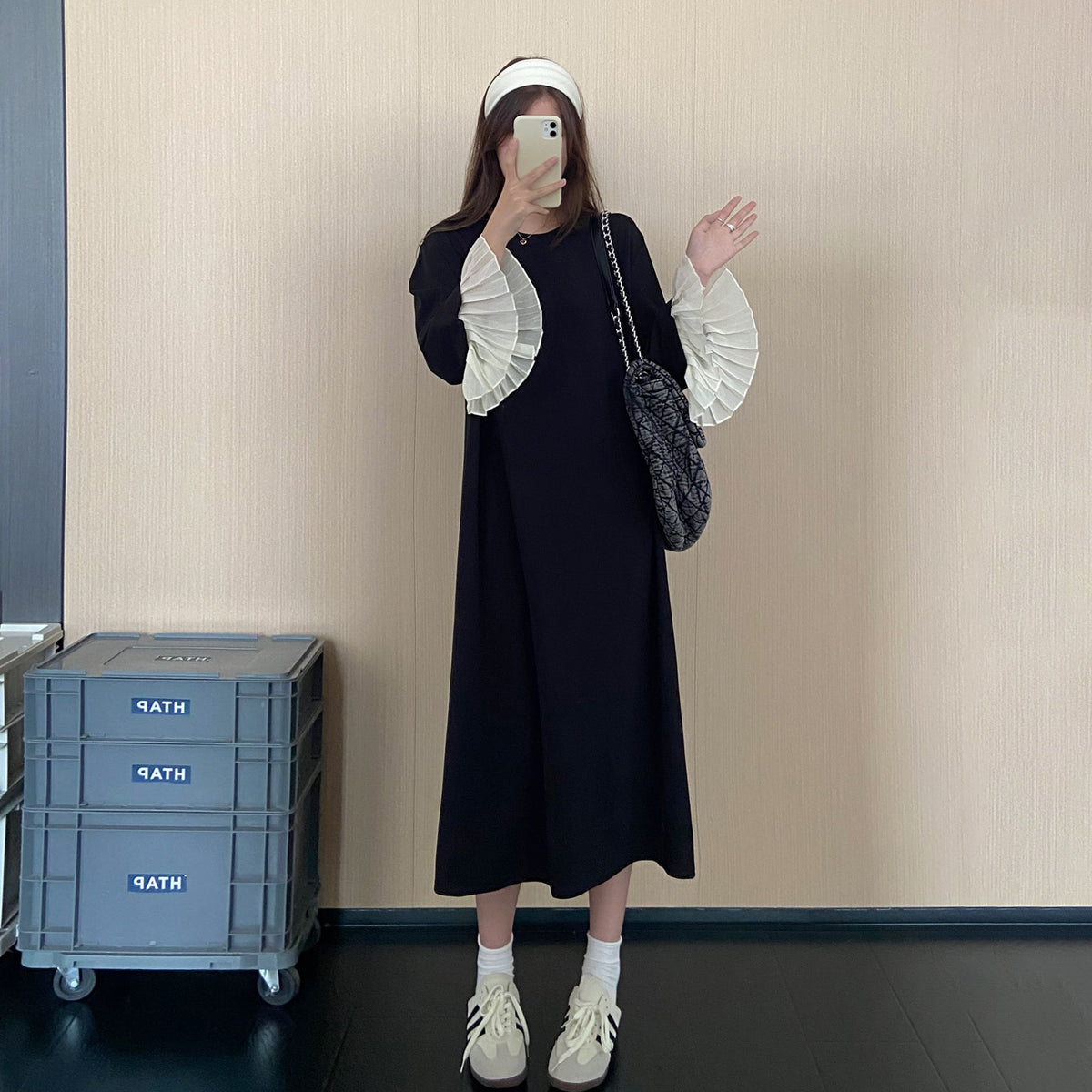【ワンピース】配色切替長袖ワンピース レディース 秋新作 ゆったり 体型カバー 着痩せ見え ロング丈【JZシリーズ】