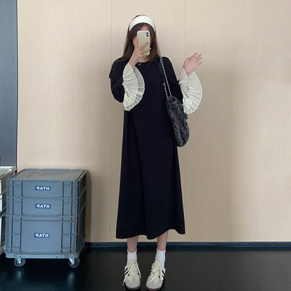 【ワンピース】配色切替長袖ワンピース レディース 秋新作 ゆったり 体型カバー 着痩せ見え ロング丈【JZシリーズ】
