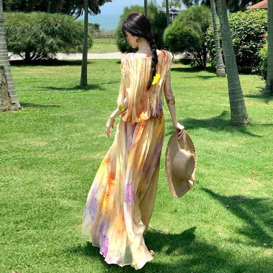 【ワンピース】リゾート風 グラデーションワンピース レディース 夏 ノースリーブ ロング丈 フレアシルエット 海辺コーデ バカンススタイル【SHシリーズ】