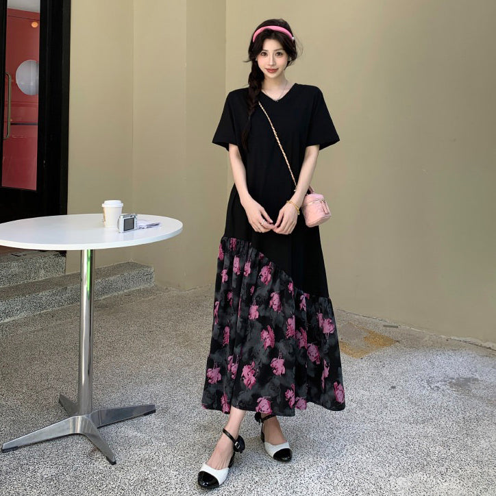 【ワンピース】体型カバー力抜群✨ローズ花柄 ワンピース 半袖 ロング丈 切り替え ゆったり 大きいサイズ 夏ワンピ【SHシリーズ】
