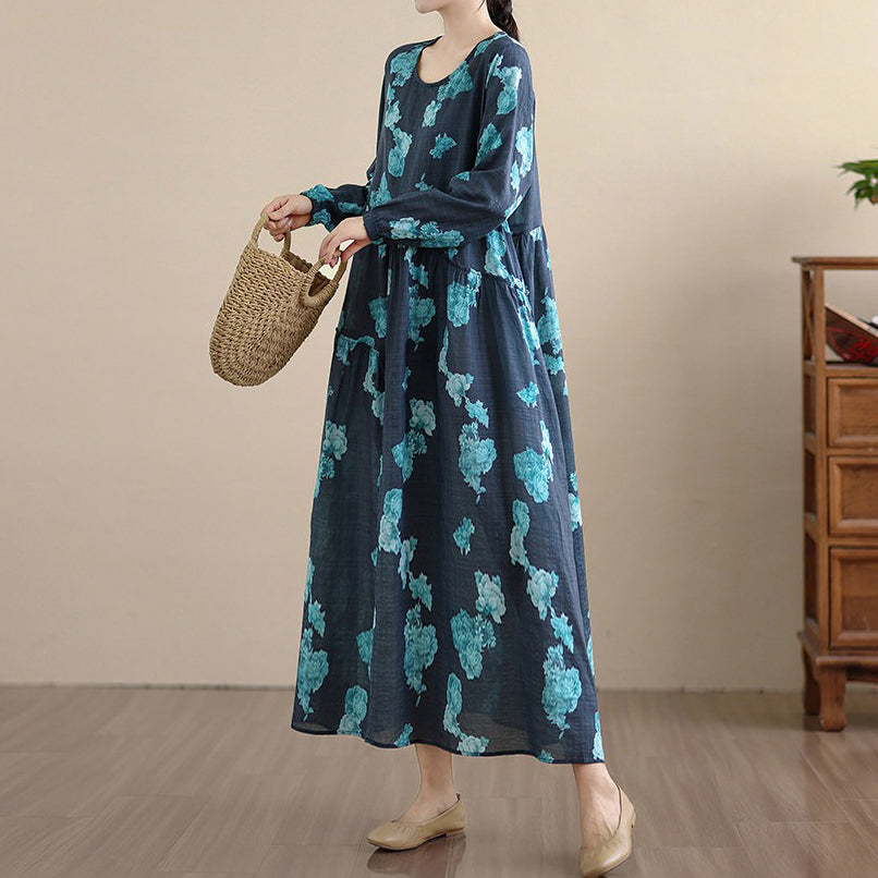 【ワンピース】レトロ 花柄プリント 長袖 ロング Aライン ゆったり 裾フレア ワンピース【SHシリーズ】