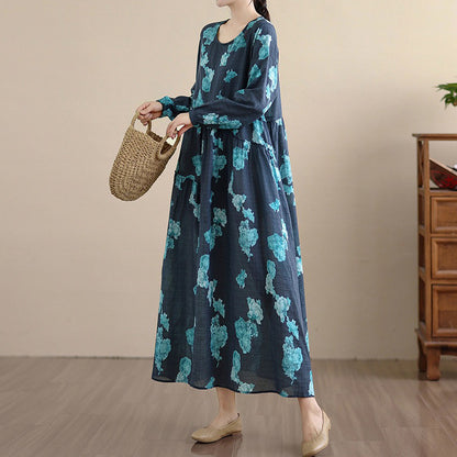 【ワンピース】レトロ 花柄プリント 長袖 ロング Aライン ゆったり 裾フレア ワンピース【SHシリーズ】