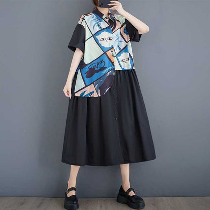 【ワンピース】プリント ワンピース 半袖 膝下 ゆったり ゆるシルエット 切替 痩せ見え 大きいサイズ レディース 夏 楽ちん 快適【SHシリーズ】