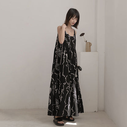 【ワンピース】韓国風 ヴィンテージ 気質 アブストラクトラインプリント ノースリーブワンピース【SHシリーズ】
