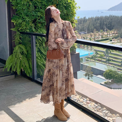 【ワンピース】タイダイ風 花柄シフォン 長袖ワンピース｜Aライン ロングドレス【SHシリーズ】