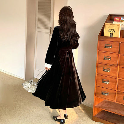 【ワンピース】レトロフレンチベルベットロングワンピース レディース 春新作 ブラック 上品 大人っぽい フィットシルエット【JZシリーズ】