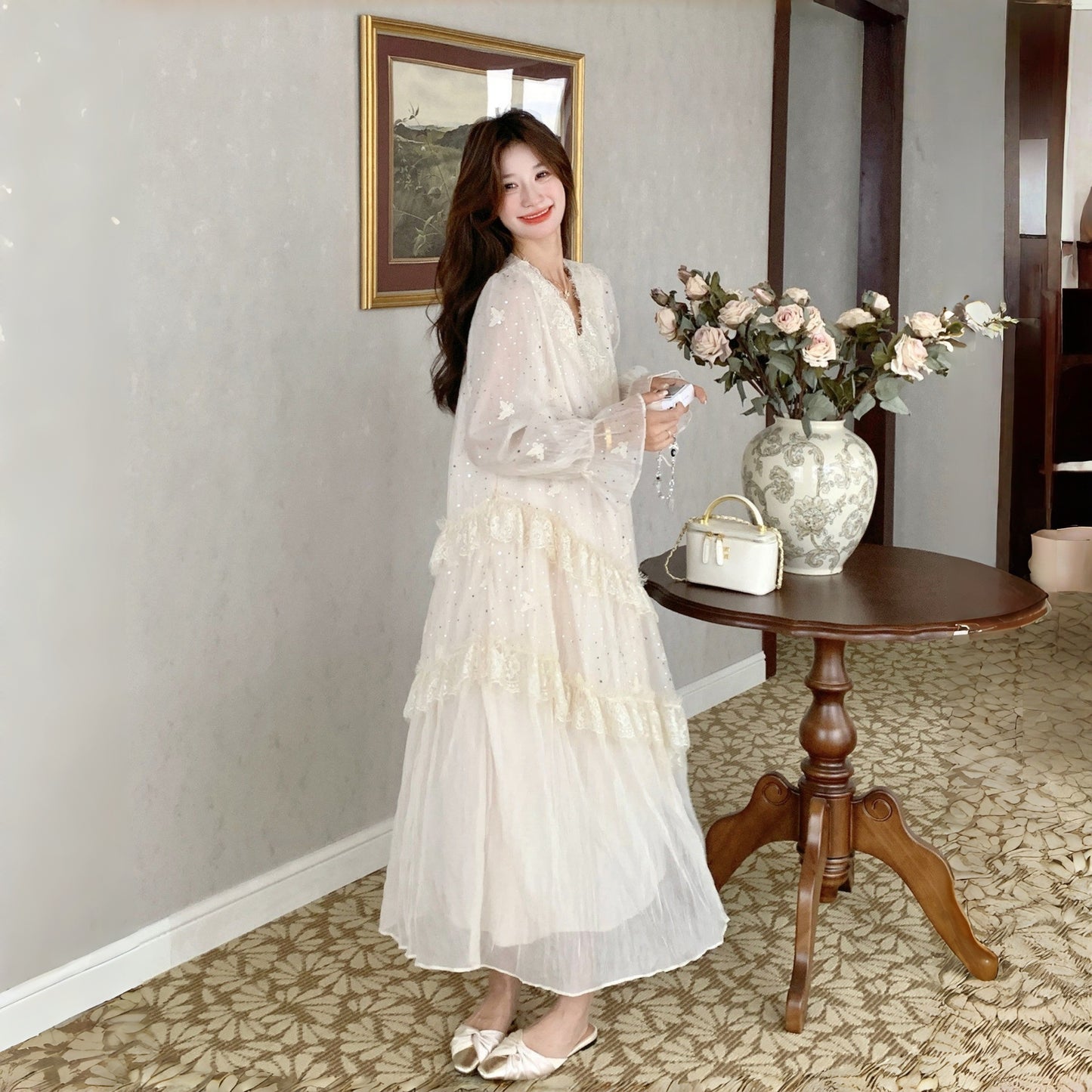 【ワンピース】フランス風 レース 切り替えし 高級感 上品 ピコット 長袖ワンピース【JZシリーズ】