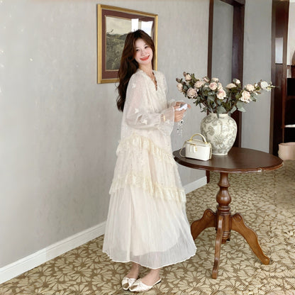 【ワンピース】フランス風 レース 切り替えし 高級感 上品 ピコット 長袖ワンピース【JZシリーズ】