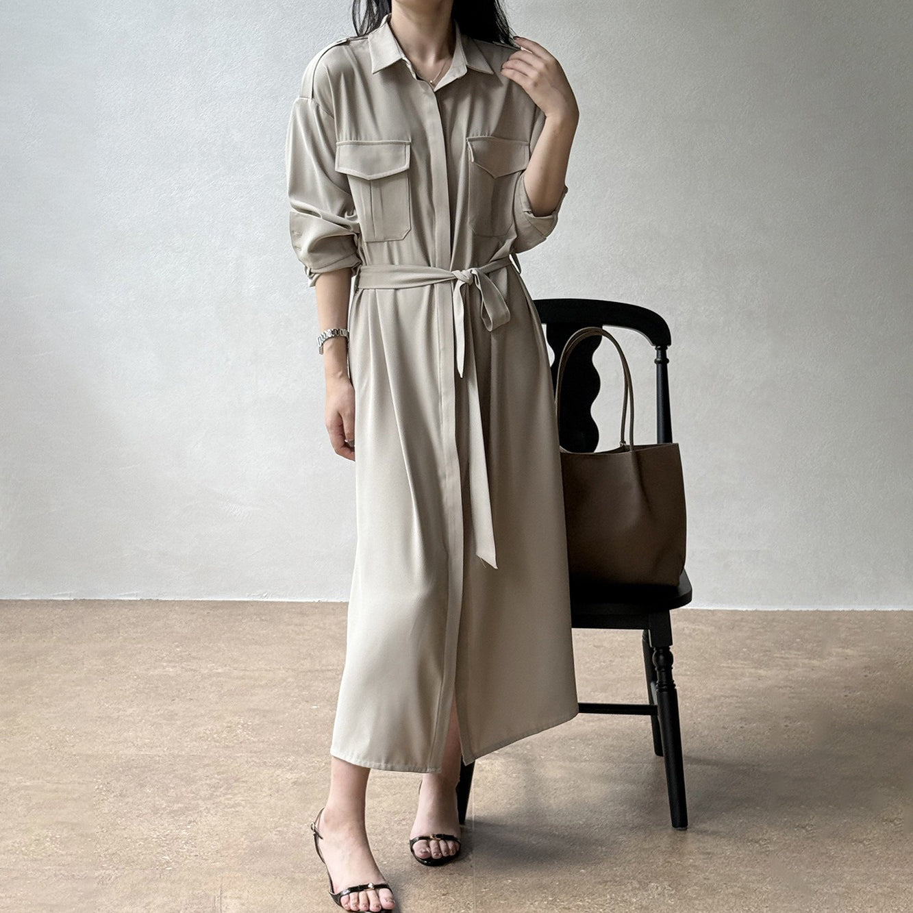 【ワンピース】ベルト付きシャツワンピース レディース 長袖 ミディ丈 オフィススタイル OL 秋服【JZシリーズ】