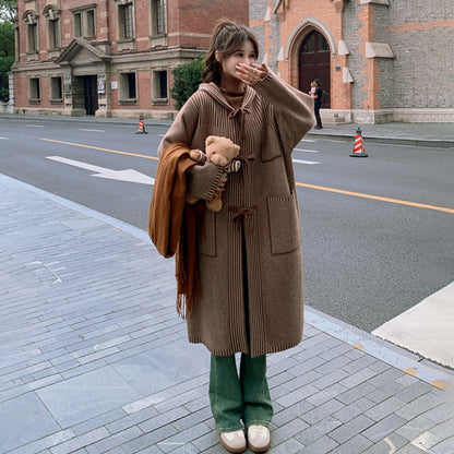 【アウター】🎀リボン結びで可愛く決まる！ロングニットコート レディース 冬新作 ゆったり 暖か デザイン感◎【JZシリーズ】