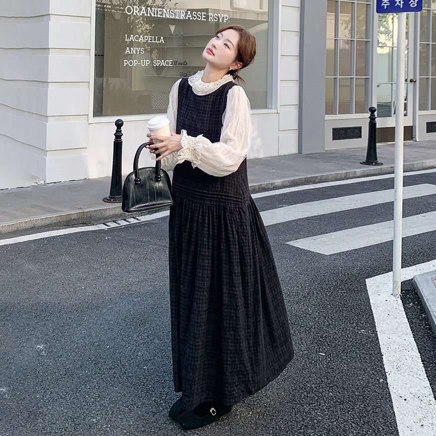 【セットアップ】ベストワンピース×レース切替シャツ セットアップ 韓国シック 上品【JZシリーズ】