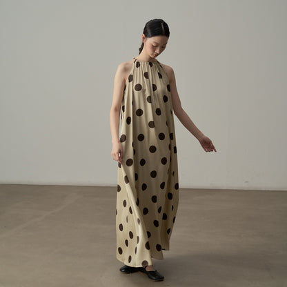 【ワンピース】レトロ リゾート風 ドット柄プリント ノースリーブワンピース レディース ゆったりスリム見え ミディ丈 ロングドレス【SHシリーズ】