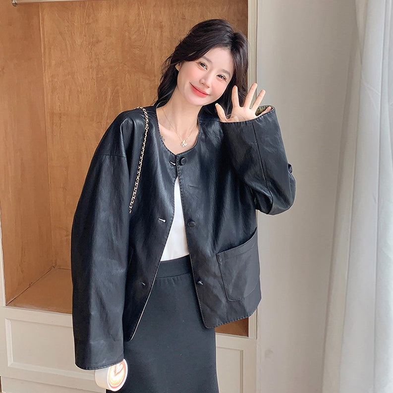 両面着用【アウター】ショート丈 PUレザー ジャケット おしゃれで合わせやすい ゆったりアウター【JZシリーズ】【SHシリーズ】