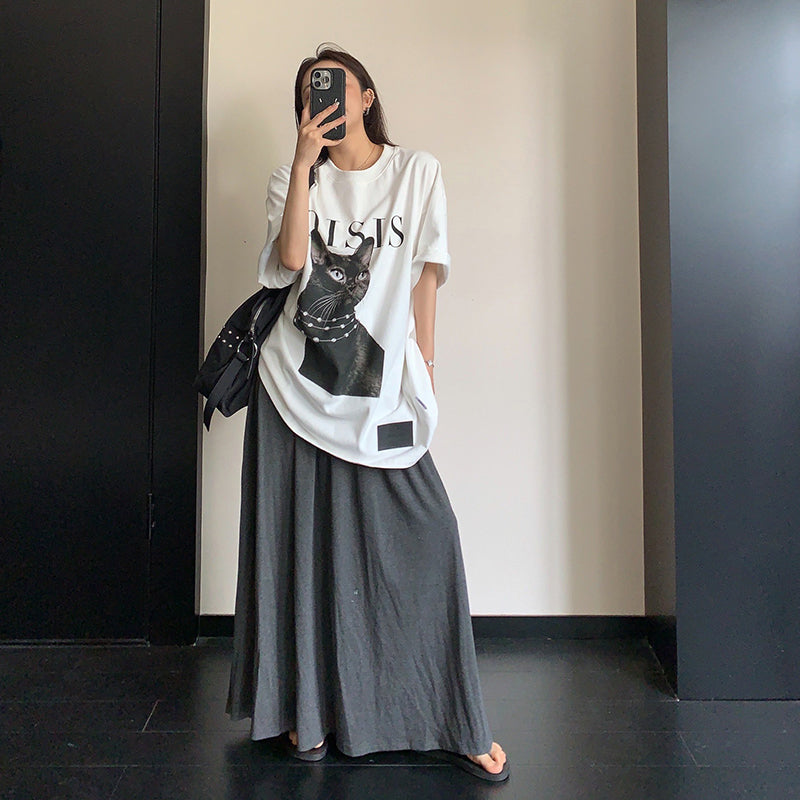 【トップス】ダークアート 猫プリントTシャツ レディース ゆったり こなれ感 半袖【FCシリーズ】