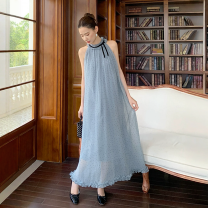 【ワンピース】夏 フリルレース ホルターネック ロング ノースリーブ ワンピース 【JZシリーズ】