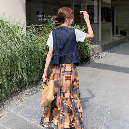 【セットアップ】レトロ デニム Vネックベスト×花柄スカート 上下セット フェミニン 上品 体型カバー おしゃれ トレンドコーデ 2点セット
【SHシリーズ】
