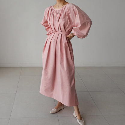 【ワンピース】春秋 ゆったり 大きいサイズ  リボン ランタンスリーブ 長袖ワンピース