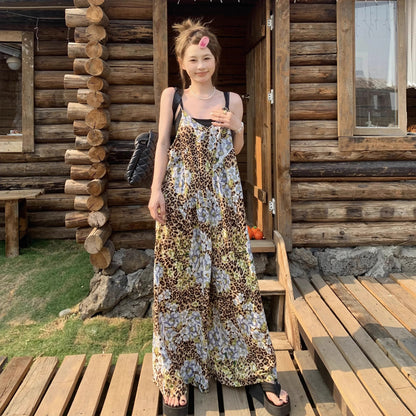 【ボトムス】夏新作 優雅に揺れる 雪青フラワー柄 オーバーサイズサロペット オールインワン【SHシリーズ】