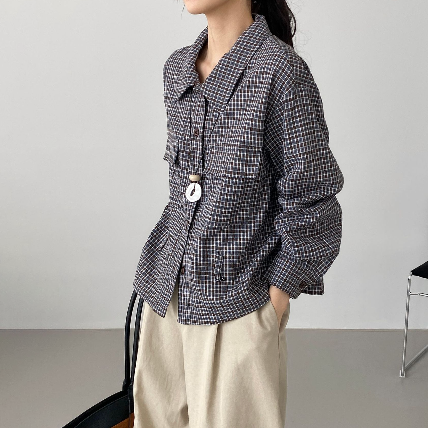 【トップス】韓国風 シンプルギンガムシャツ レディース ベルト付き デザインシャツ 襟付き ウエストマーク 美シルエット 着回しトップス【JZシリーズ】