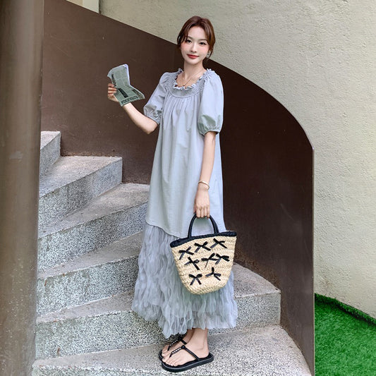 【ワンピース】オフショルダー×チュール切り替え デザイン性 プリーツ 半袖ワンピース レディース 夏 フレンチ風 ゆったりカジュアル バックレス ロング丈ドレス【JZシリーズ】