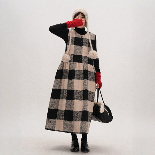 【ワンピース】レトロ チェック柄 重ね着 ベストワンピース 【JZシリーズ】