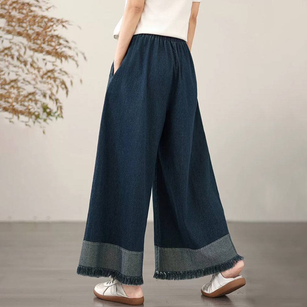 【ボトムス】レトロデニムワイドパンツ レディース 裾フリンジ加工 ゆったりシルエット【JZシリーズ】