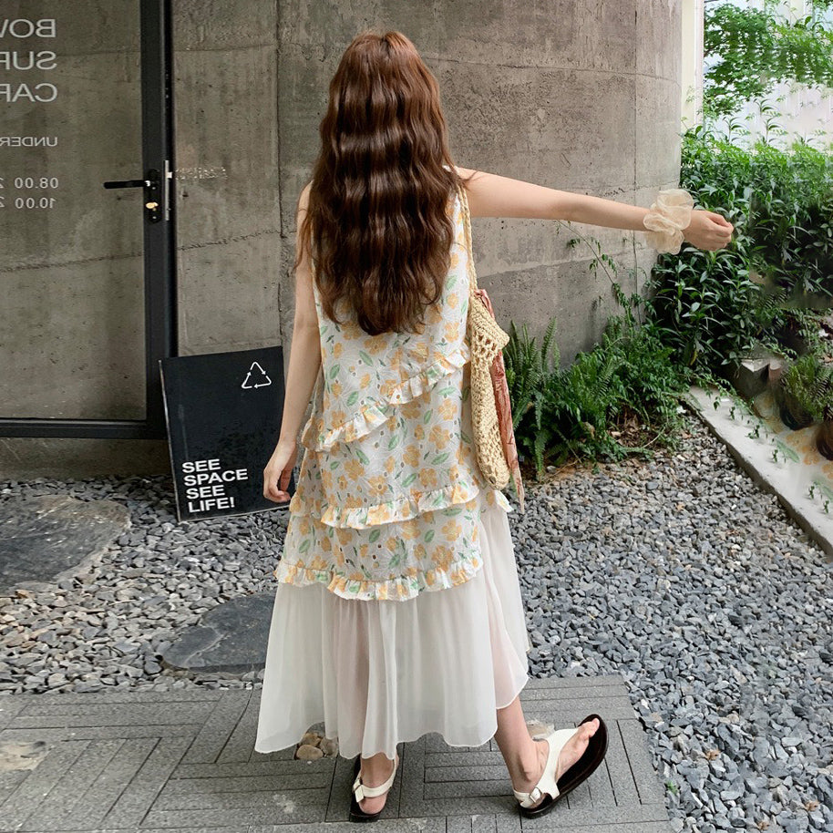 【ワンピース】夏 かわいい メッシュ切替 ゆったり ノースリーブ フラワーワンピース【SHシリーズ】