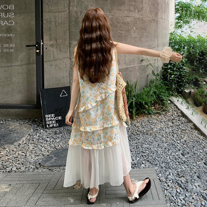 【ワンピース】夏 かわいい メッシュ切替 ゆったり ノースリーブ フラワーワンピース【SHシリーズ】