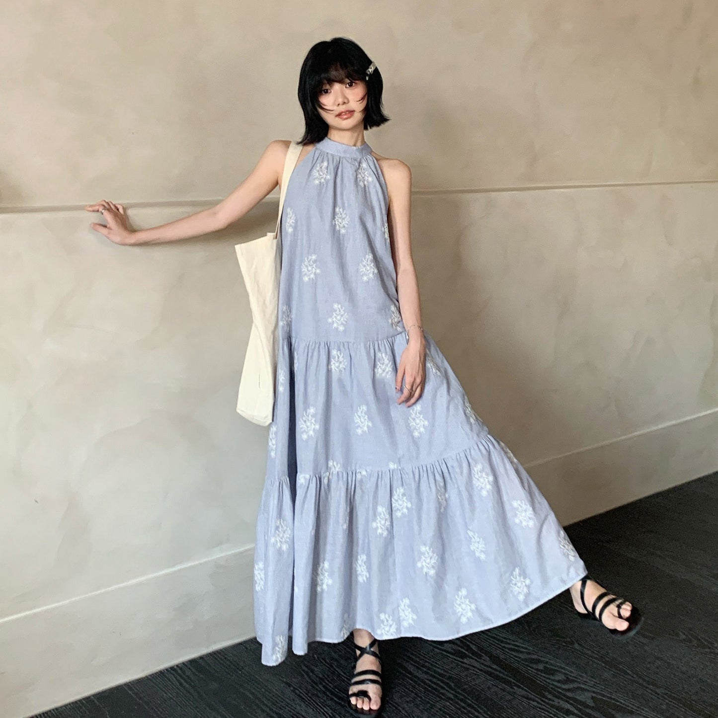 【ワンピース】リゾート 刺繍入り 夏 フローラルプリント ノースリーブワンピース【JZシリーズ】