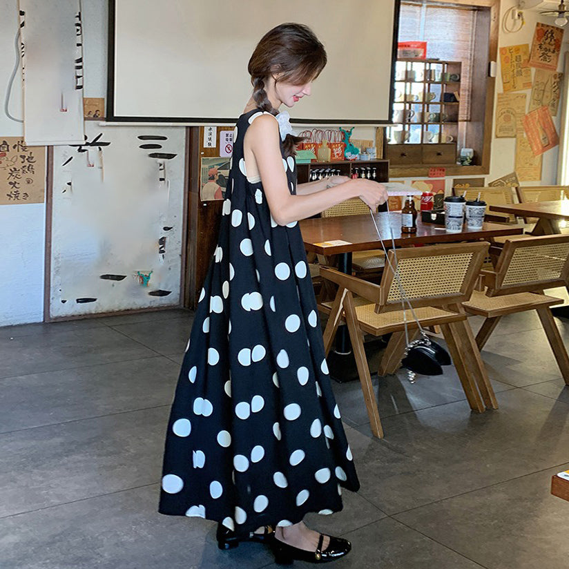 【ワンピース】韓国風 レトロ ドット柄 ノースリーブ ワンピース 夏 カジュアル 着痩せ 上品 ロング丈【SHシリーズ】