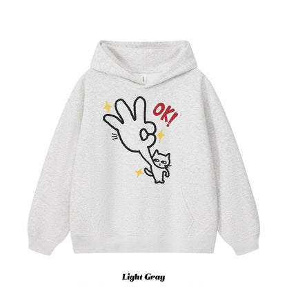 4カラー | S~3XL【トップス】ユニーク猫プリント 手描き風 フード付きスウェット 春秋 ペアOK ルーズ ユニセックス ルーズ パーカー【FCシリーズ】