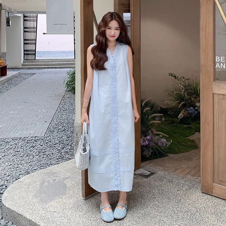 【ワンピース】ライトブルー レーストリム ノースリーブワンピース 夏 ロング丈 気質アップ【JZシリーズ】