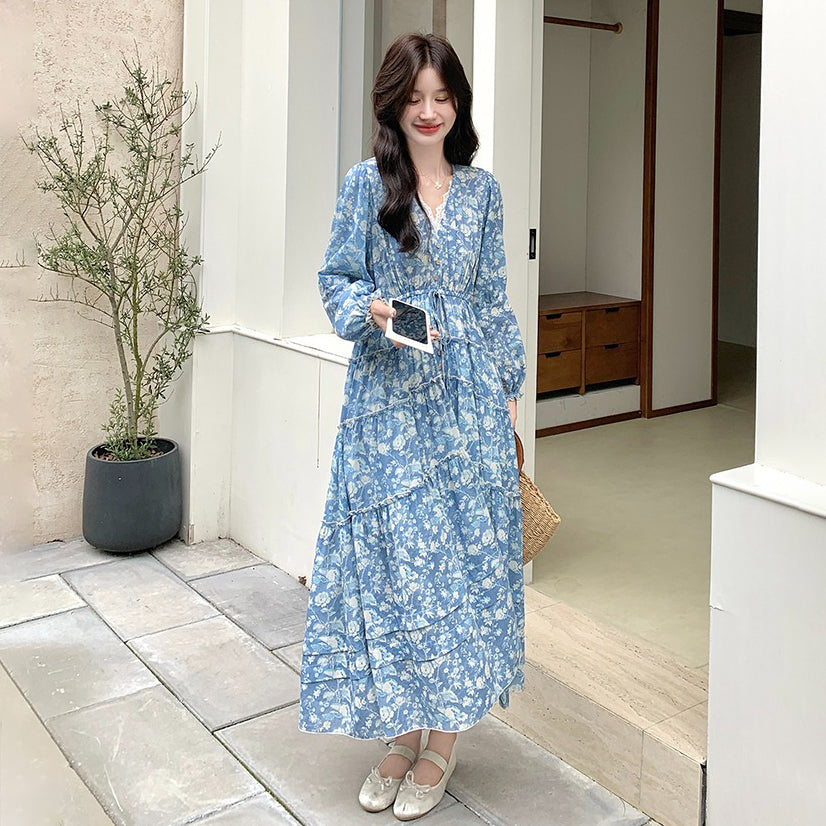 【ワンピース】フレンチエレガント レース Vネック 花柄長袖ワンピース 春秋 優しい雰囲気 超おしゃれ 若見え【SHシリーズ】