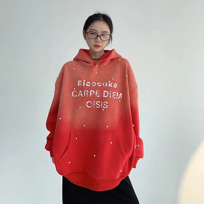 【トップス】小洒落デザイン ヴィンテージ風 グラデ刺繍＆ビーズ 裏起毛フード付きパーカー レディース【FCシリーズ】