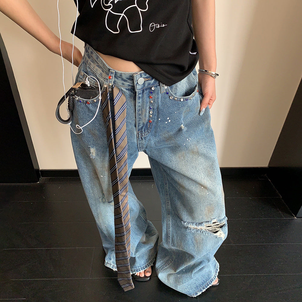 【ボトムス】デニムパンツ レディース ダメージ加工 ストーン装飾 ワイドパンツ ヴィンテージ風 カジュアル【FCシリーズ】