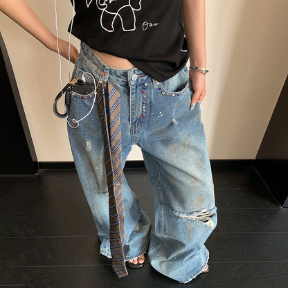 【ボトムス】デニムパンツ レディース ダメージ加工 ストーン装飾 ワイドパンツ ヴィンテージ風 カジュアル【FCシリーズ】