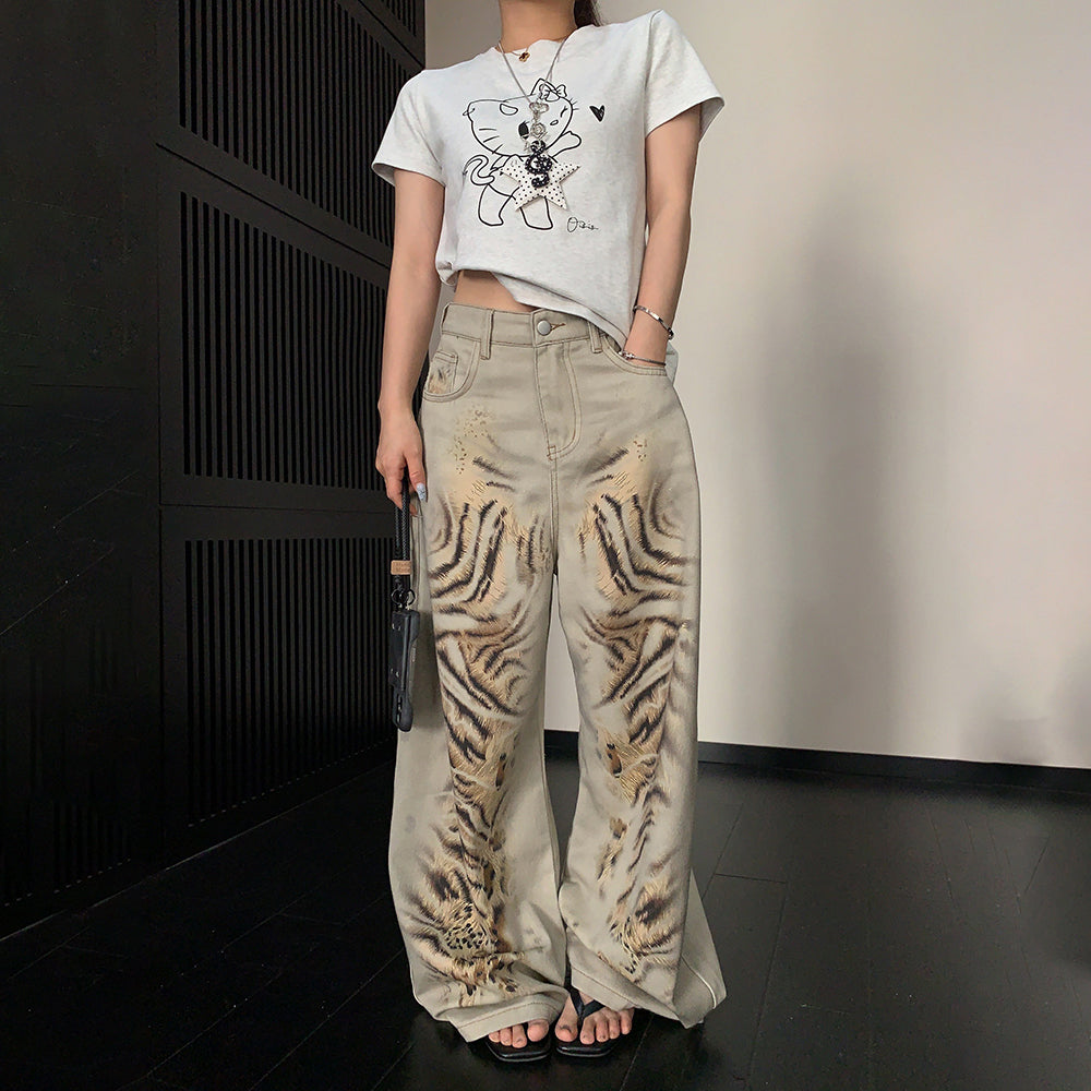 【ボトムス】デニムパンツ レディース レオパード柄 ワイドパンツ ヴィンテージ風 カジュアル モード【FCシリーズ】