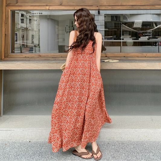 【ワンピース】夏新作 レッド 幾何柄 キャミワンピース ボヘミアン風 海辺 旅行 リゾート 着痩せ リラックス ロング丈【SHシリーズ】
