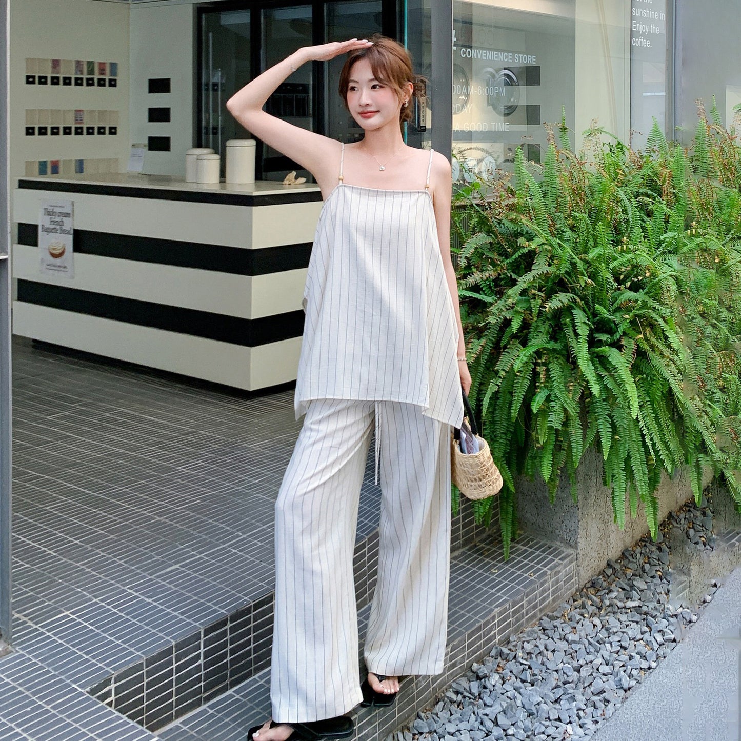 2点セット！【セットアップ】ベアトップ ストライプ ワイドパンツ 上下セット レディース 夏  ゆったり 人気 韓国コーデ【JZシリーズ】