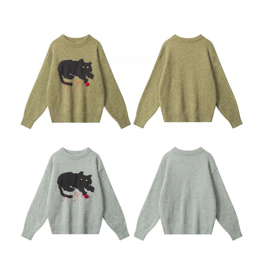 【トップス】立体ねこデザイン クルーネックニット 男女兼用 秋冬 ゆったり着用 プルオーバー【FCシリーズ】