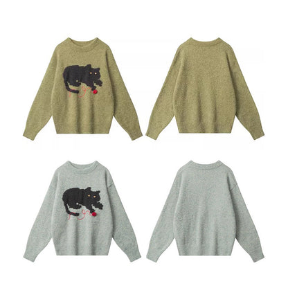 【トップス】立体ねこデザイン クルーネックニット 男女兼用 秋冬 ゆったり着用 プルオーバー【FCシリーズ】