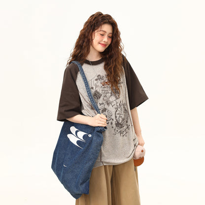 【トップス】ストリート系 Tシャツ レディース 半袖 ラグランスリーブ 配色デザイン ゆったり ワイドシルエット 夏 カジュアル おしゃれ 着回し【FCシリーズ】