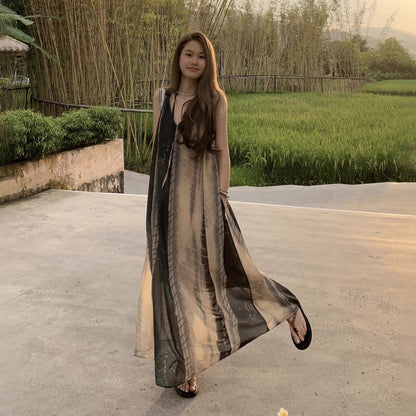 【ワンピース】アートプリント × デザイン感のある 夏用ノースリーブ Vネック タンクトップ風ロングワンピース【SHシリーズ】