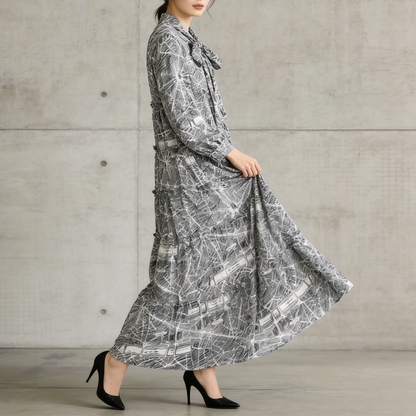 【ワンピース】プリントVネック お腹周りカバー フリル 長袖 ワンピース 【SHシリーズ】