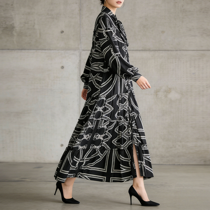 【ワンピース】プリントVネック お腹周りカバー フリル 長袖 ワンピース 【SHシリーズ】