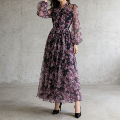 【ワンピース】花柄シリーズ シフォンワンピース 軽やか 薄手 ふんわりロング エレガント 大人可愛い 長袖 リゾートワンピ【SHシリーズ】