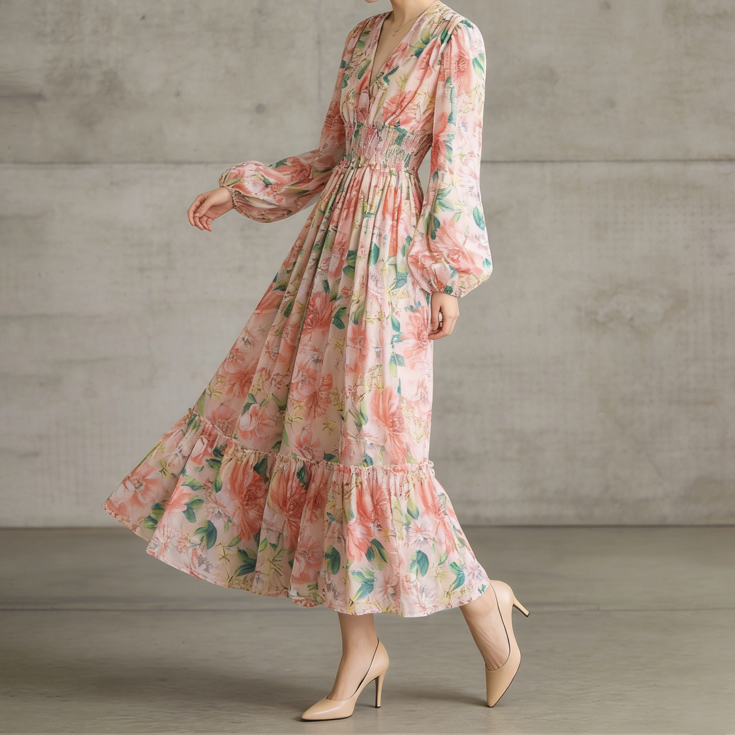 【ワンピース】フレンチレトロ Vネック 花柄 バルーン袖 ウエストシェイプ フレア ロングワンピース【SHシリーズ】