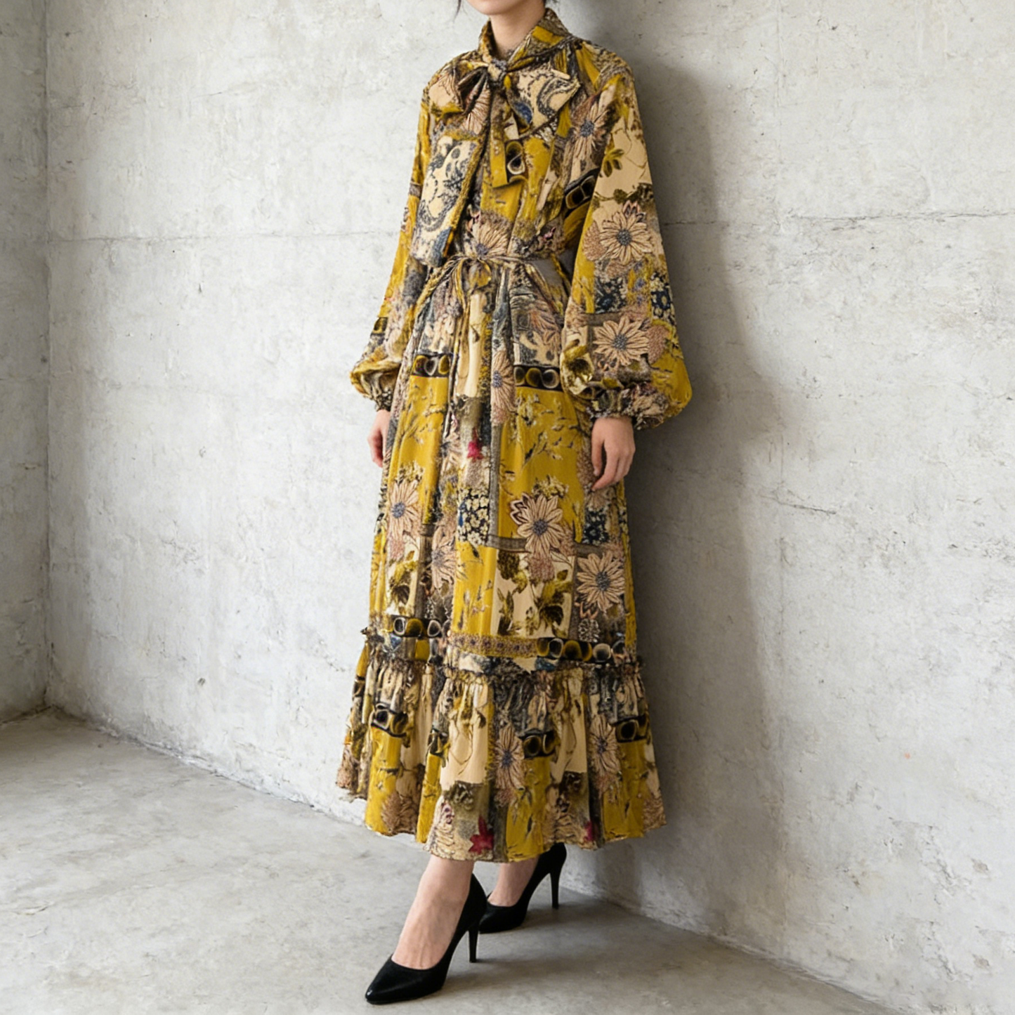 【ワンピース】レトロ風 長袖 リボン付き ウエストマーク Aライン 花柄プリント ランタンスリーブ ワンピース エレガント ロングワンピース レディース【SHシリーズ】