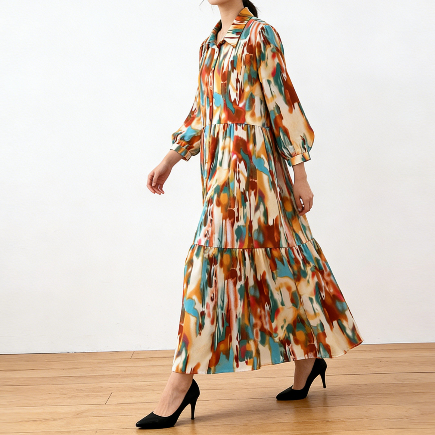 4カラー【ワンピース】個性派 グラデーション柄 長袖 ゆったりシルエット 体型カバー Aライン フレア シャツワンピース レディース ワンピース【SHシリーズ】