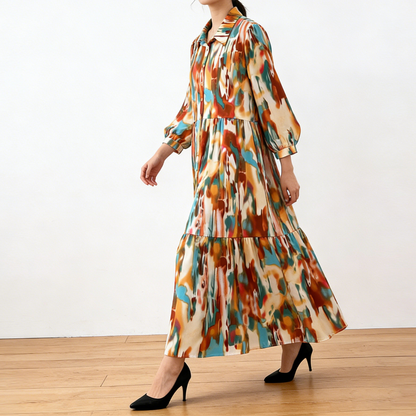 4カラー【ワンピース】個性派 グラデーション柄 長袖 ゆったりシルエット 体型カバー Aライン フレア シャツワンピース レディース ワンピース【SHシリーズ】